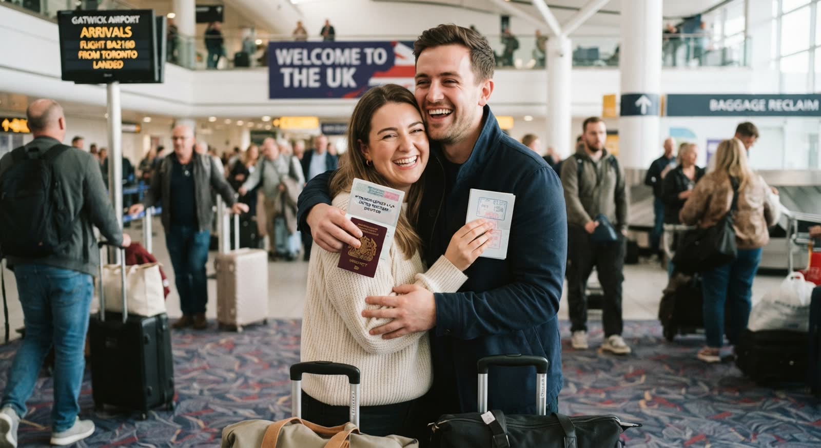 A couple at an airport arrivals hall, passports in hand